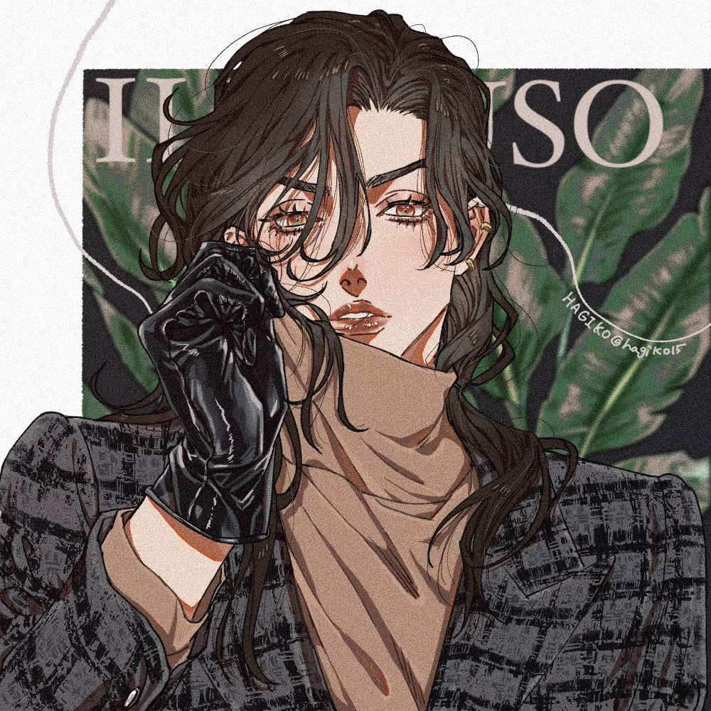 1boy aegyo_sal artist_name bishounen black_jacket brown_hair brown_shirt clothes_pull hagiko15 illuso jacket jojo_no_kimyou_na_bouken long_sleeves looking_at_viewer loose_hair_strand male_focus multicolored_eyes parted_lips portrait red_lips shirt shirt_pull solo twitter_username vento_aureo