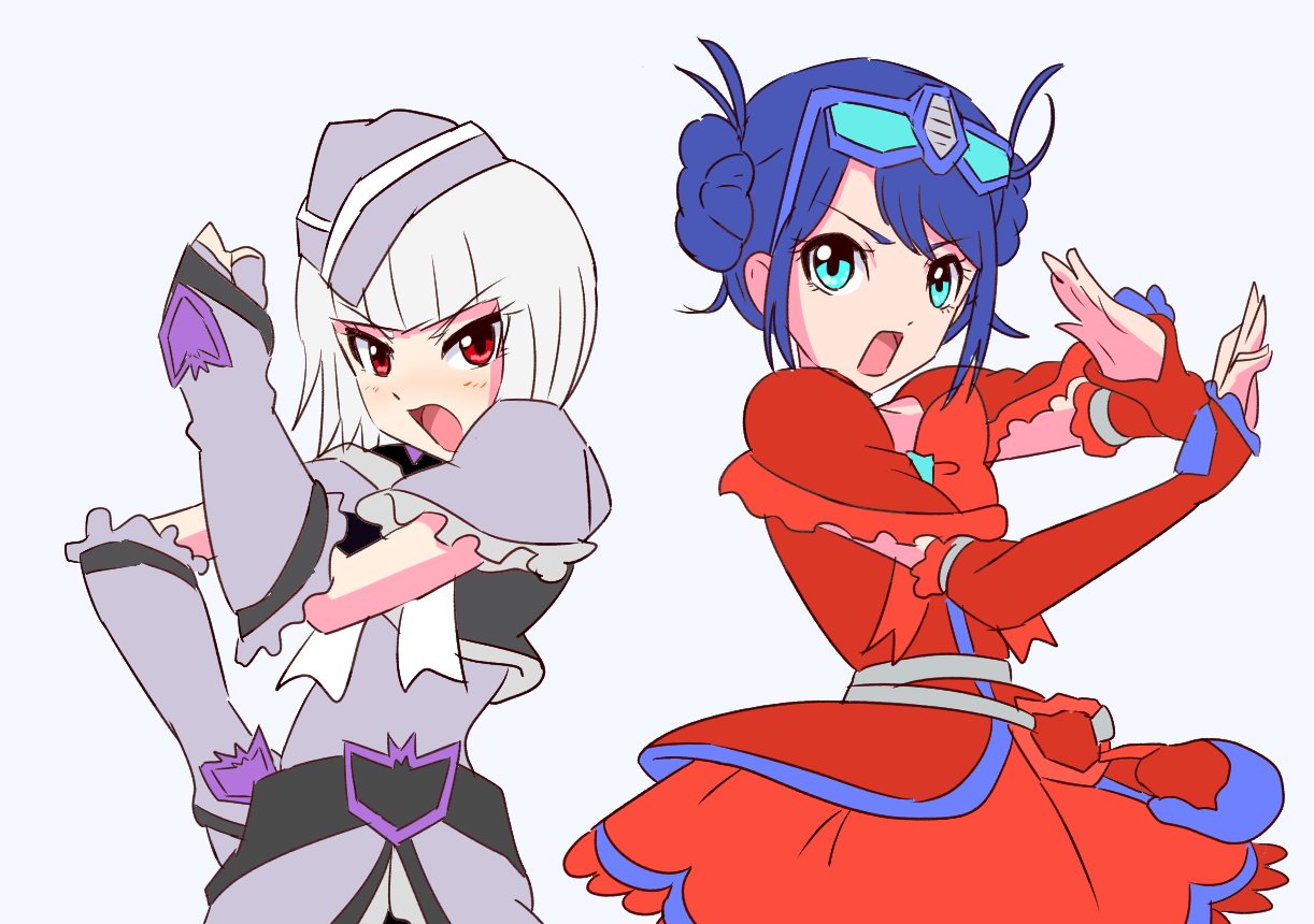 2girls blue_eyes blue_hair capelet clenched_hand cosplay cure_black cure_black_(cosplay) cure_black_pose cure_white cure_white_(cosplay) cure_white_pose detached_sleeves double_bun dress eyewear_on_head fingerless_gloves fumiki_rikiya futari_wa_precure garrison_cap glasses gloves grey_background grey_gloves grey_hair grey_shirt hair_behind_ear hair_bun hat kotobukiya_bishoujo megatron megatron_(kotobukiya_bishoujo) multiple_girls open_mouth optimus_prime optimus_prime_(kotobukiya_bishoujo) precure red_capelet red_dress red_eyes shirt short_hair transformers v-shaped_eyebrows