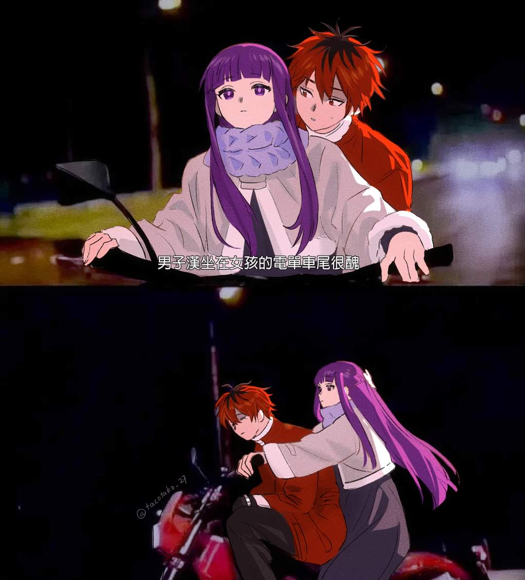 1boy 1girl artist_name black_dress black_gloves black_pants chinese_text commentary dress english_commentary expressionless fern_(sousou_no_frieren) film_grain gloves grimpo_027 jacket long_hair motor_vehicle motorcycle outdoors pants parody purple_hair purple_scarf red_hair red_jacket road scarf scene_reference short_hair sousou_no_frieren stark_(sousou_no_frieren) translation_request twitter_username