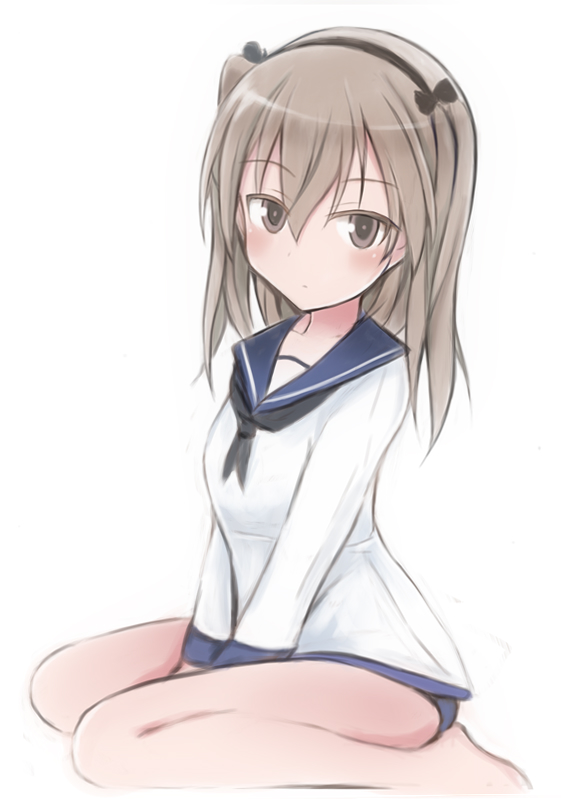 1girl barefoot black_neckerchief blue_sailor_collar blush commentary_request cosplay expressionless girls_und_panzer grey_eyes grey_hair hairband long_hair looking_at_viewer miyafuji_yoshika miyafuji_yoshika_(cosplay) nannacy7 neckerchief one_side_up sailor_collar shimada_arisu simple_background sitting solo strike_witches wariza white_background world_witches_series