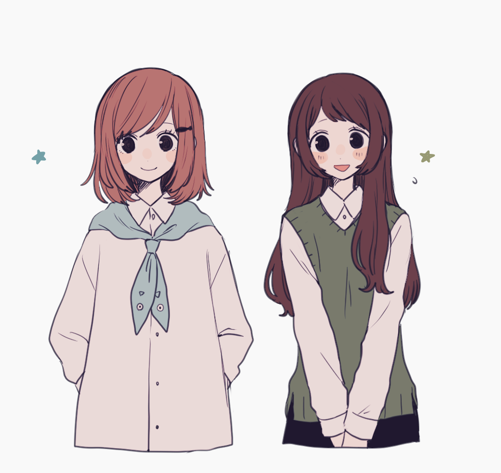 2girls arms_behind_back black_eyes blush blush_stickers brown_hair collared_shirt fish_hair_ornament hair_ornament long_hair long_sleeves maco22 medium_hair multiple_girls neckerchief open_mouth orange_hair original own_hands_together shirt smile sweater_vest v_arms