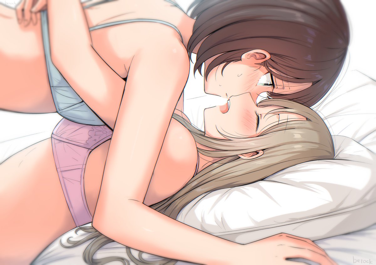 2girls betock blue_bra blush bra breasts brown_hair closed_eyes commentary commentary_request ear_blush hug light_brown_hair long_hair lying medium_breasts multiple_girls on_back on_bed open_mouth original pillow pink_bra short_hair shoulder_blades sweatdrop symbol-only_commentary underwear yuri