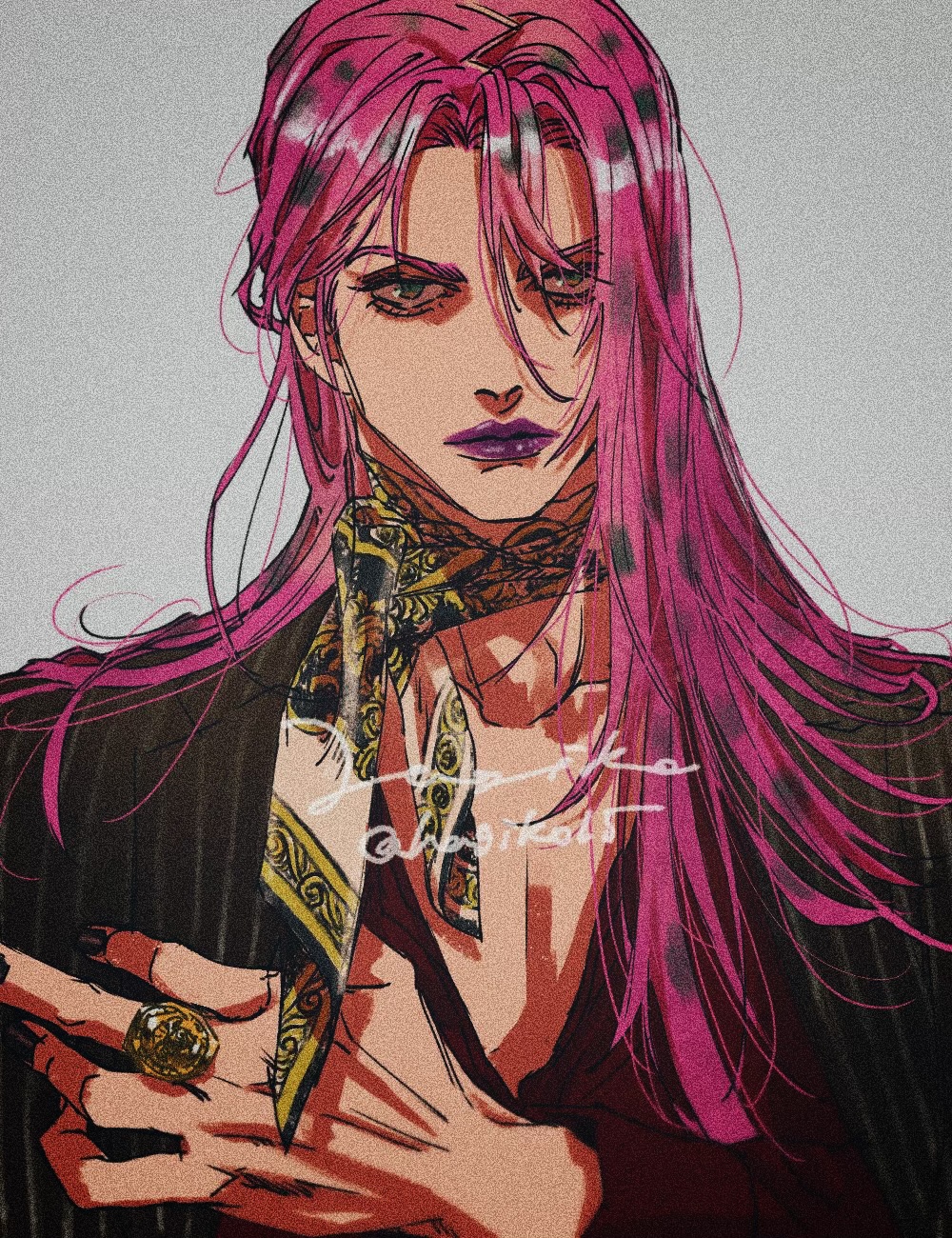 1boy black_nails collarbone diavolo film_grain grey_background hagiko15 highres jacket jewelry jojo_no_kimyou_na_bouken long_hair long_sleeves looking_at_viewer male_focus open_clothes open_collar open_jacket pink_hair polka_dot_hair portrait purple_lips ring scarf signature solo twitter_username vento_aureo