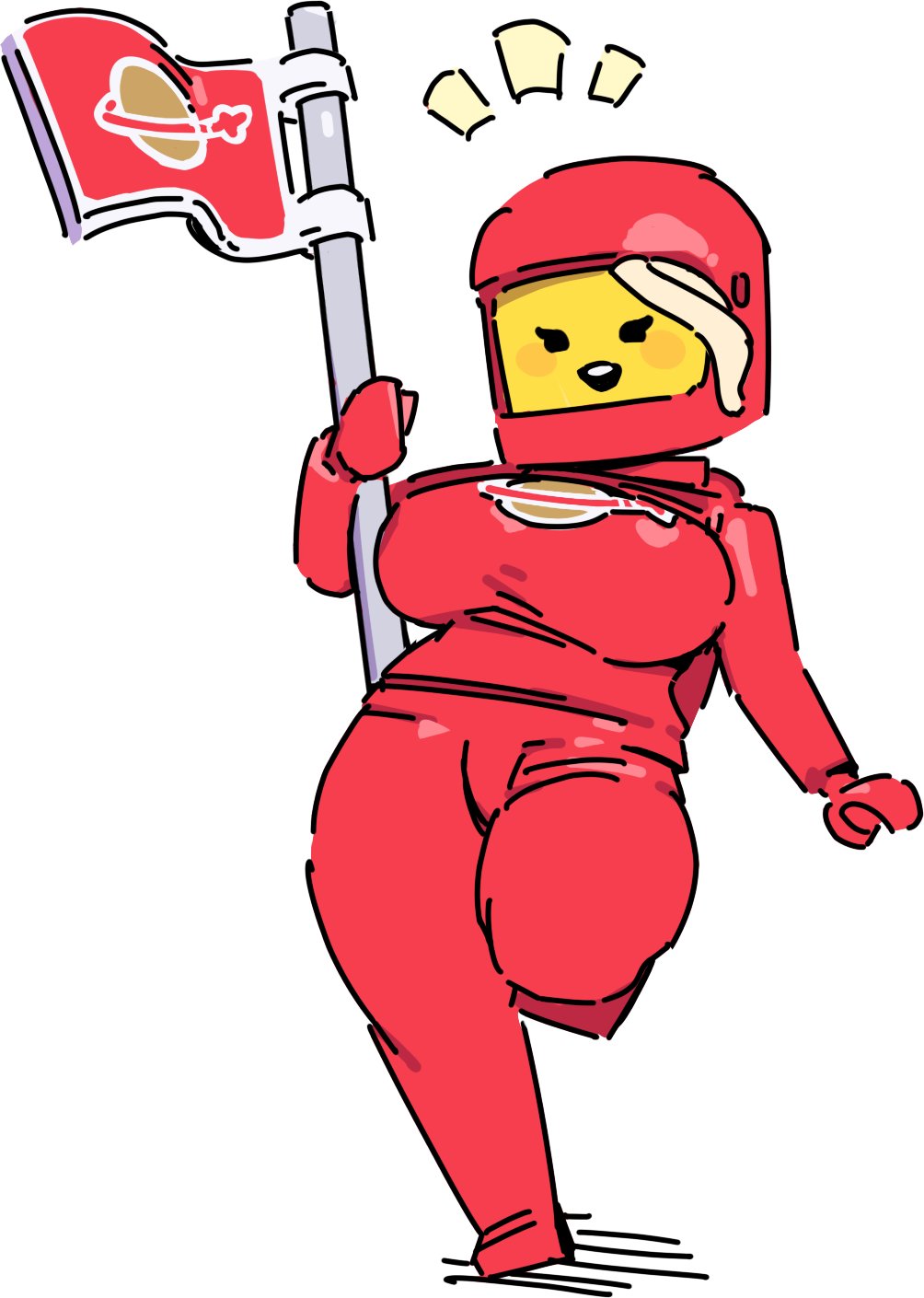 1girl blonde_hair blush bodysuit breasts colored_skin flag full_body helmet highres holding holding_flag large_breasts lego_minifig looking_at_viewer meen notice_lines open_mouth red_bodysuit red_helmet running skin_tight smile solo spacesuit the_lego_group white_background yellow_skin