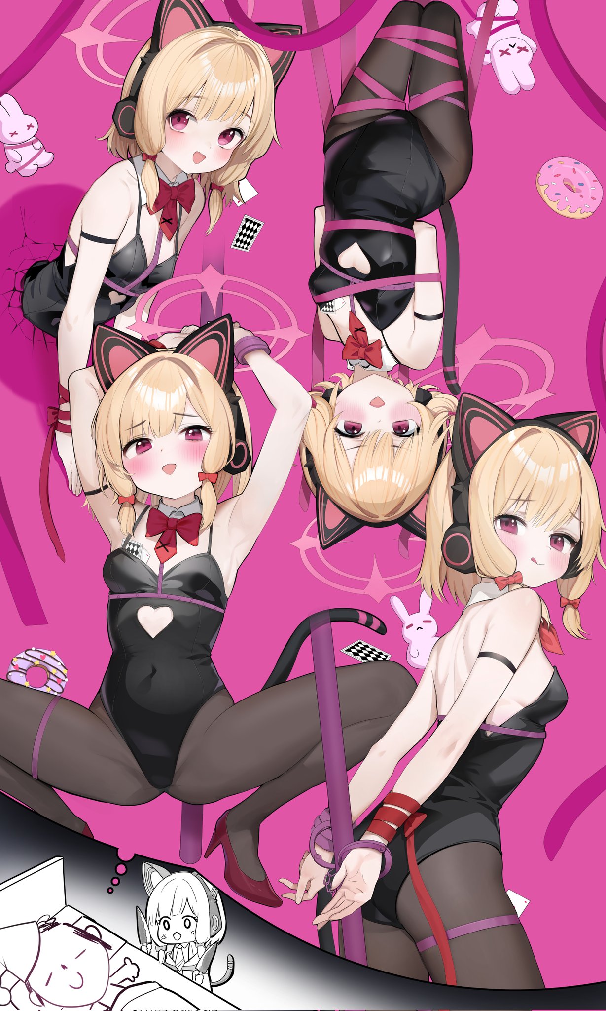 1boy 1girl anger_vein animal_ear_headphones animal_ears bare_shoulders black_leotard black_pantyhose blonde_hair blue_archive blush bound bound_wrists bow bowtie breasts card cat_ear_headphones clothing_cutout cuffs cutout_above_navel death_momoi_(meme) detached_collar doodle_sensei_(blue_archive) doughnut dreaming dual_wielding fake_animal_ears food furrowed_brow hair_bow halo handcuffs hanging headphones heart_cutout high_heels highres holding holding_knife knife leotard looking_at_viewer low-tied_sidelocks meme momoi_(blue_archive) object_in_bra open_mouth p-gnesium pantyhose pink_background pink_eyes pink_halo playboy_bunny playing_card pole rabbit_hole_(vocaloid) red_bow red_bowtie red_footwear ribbon ribbon_bondage sensei_(blue_archive) short_hair sleeping small_breasts smile spread_legs squatting stripper_pole through_wall