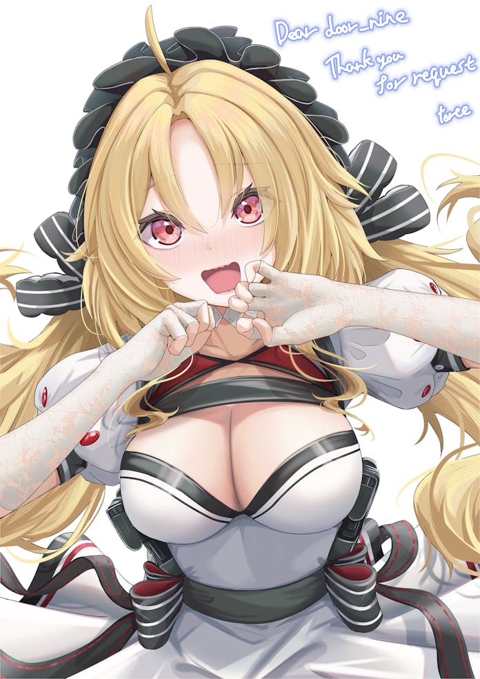 1girl ahoge black_hairband black_ribbon blonde_hair blush breasts cleavage commentary commentary_request commission dress embarrassed eyebrows_hidden_by_hair fingerless_gloves frilled_hairband frills girls'_frontline gloves hair_ribbon hairband long_hair looking_at_viewer open_mouth red_eyes ribbon s-acr_(girls'_frontline) simple_background skeb_commission solo straight-on thank_you torzzei upper_body wavy_mouth white_background white_dress white_gloves