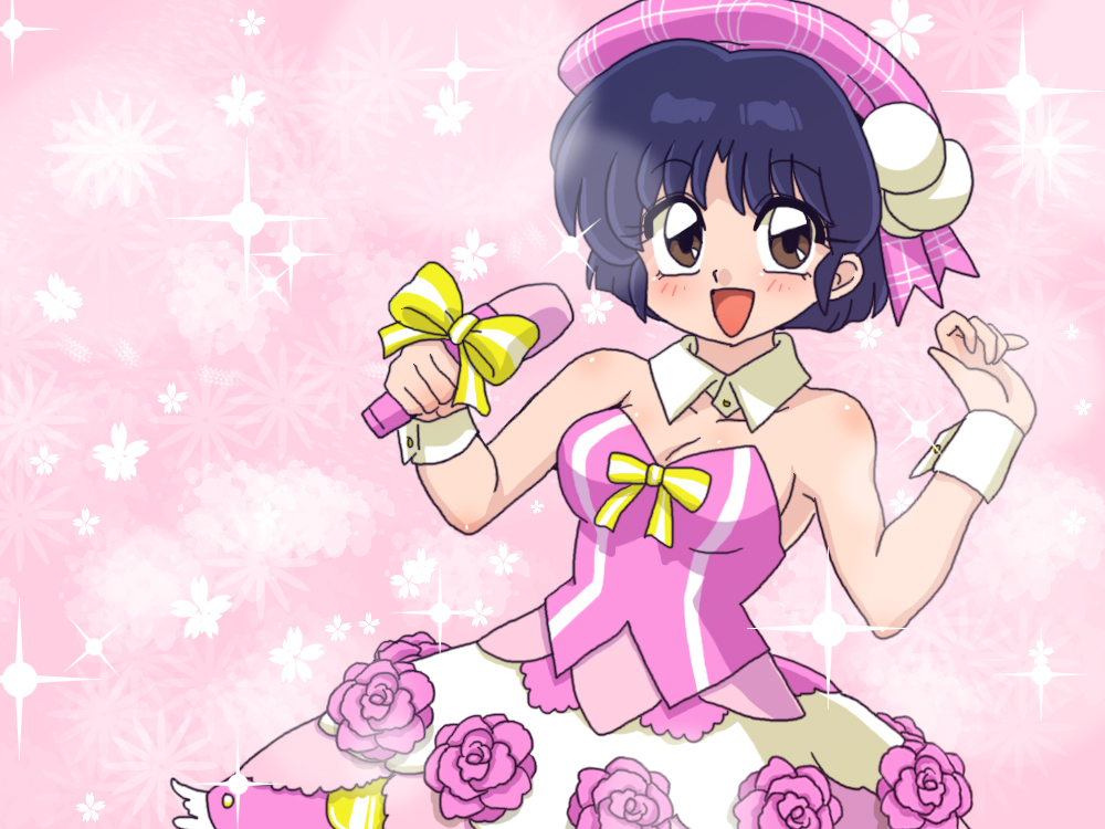 1girl blue_hair brown_eyes dress happy holding holding_microphone idol microphone pink_background pink_dress pink_hat ranma_1/2 short_hair solo tendou_akane wanta_(futoshi)