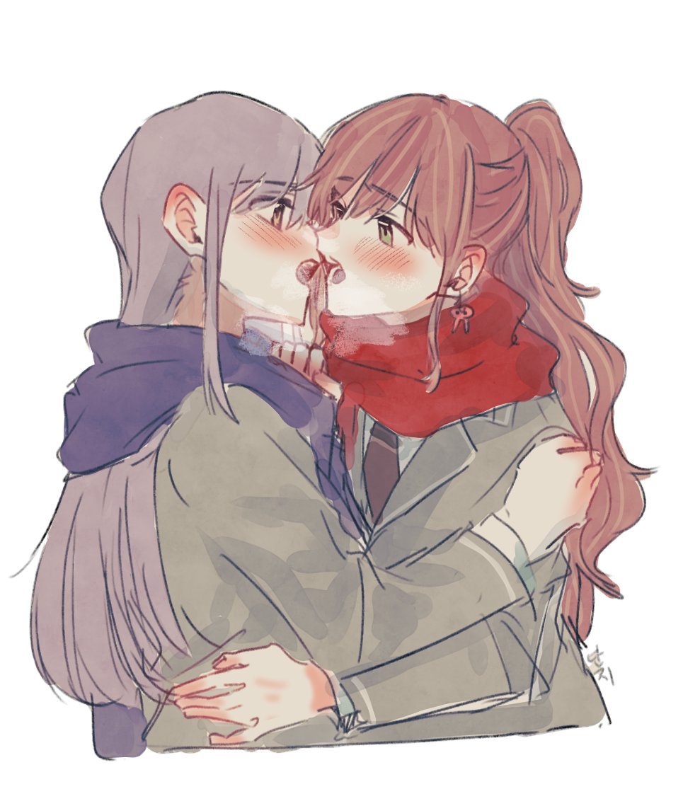 2girls after_kiss bang_dream! blue_scarf blush brown_eyes brown_hair brown_neckerchief commentary cropped_torso danji_bang earrings green_eyes green_jacket grey_hair half_updo hug imai_lisa jacket jewelry long_hair long_sleeves minato_yukina multiple_girls neckerchief open_mouth red_scarf scarf sidelocks simple_background upper_body white_background yuri