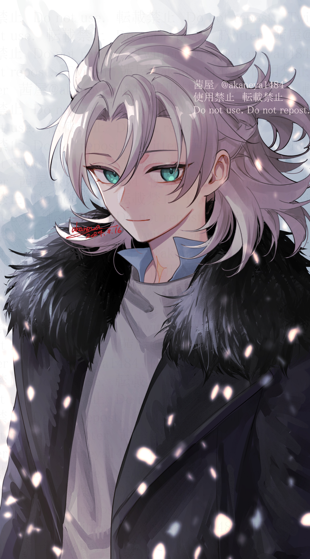 1boy albedo_(genshin_impact) aqua_eyes artist_name black_coat blue_shirt blurry blurry_background closed_mouth coat collared_shirt commentary_request dated eyelashes fur-trimmed_coat fur_trim genshin_impact grey_sweater hair_between_eyes half_updo highres lapels light_brown_hair looking_at_viewer male_focus medium_hair ojo_aa open_clothes open_coat parted_bangs scar scar_on_neck shirt sidelocks signature smile snowing solo sweater twitter_username upper_body watermark