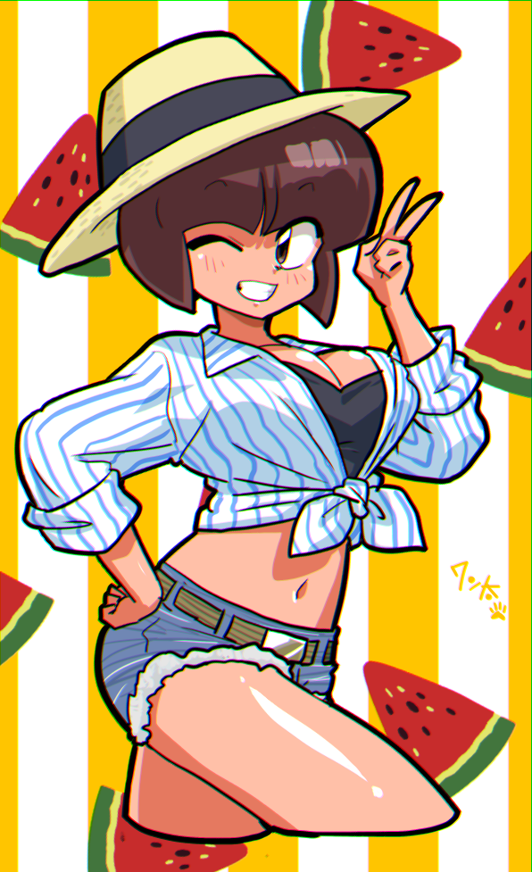 bare_legs belt black_undershirt bob_cut breasts brown_eyes brown_hair cleavage denim denim_shorts dress_shirt food fruit grin hand_on_own_hip hand_up hat large_breasts midriff navel one_eye_closed ranma_1/2 shirt short_shorts shorts signature sleeves_rolled_up smile straw_hat striped_background striped_clothes striped_shirt tendou_nabiki tied_shirt v wanta_(futoshi) watermelon watermelon_slice white_shirt yellow_belt