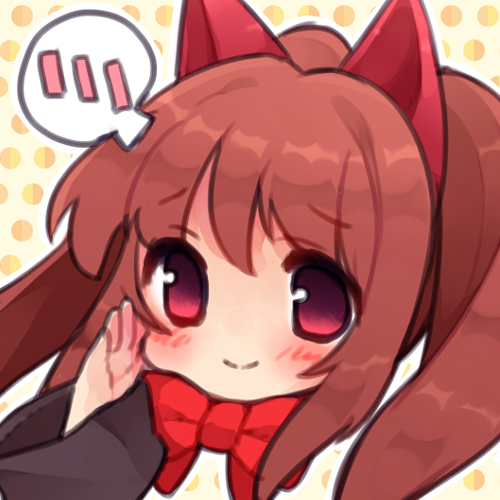 1girl aloe_(quiz_magic_academy) animal_ears black_sleeves blush bow bowtie brown_hair cat_ears closed_mouth commentary_request cropped_shoulders hand_on_own_cheek hand_on_own_face long_hair long_sleeves looking_at_viewer lowres outline polka_dot polka_dot_background quiz_magic_academy red_bow red_bowtie red_eyes simple_background smile solo speech_bubble twintails usamata white_outline wide_sleeves yellow_background