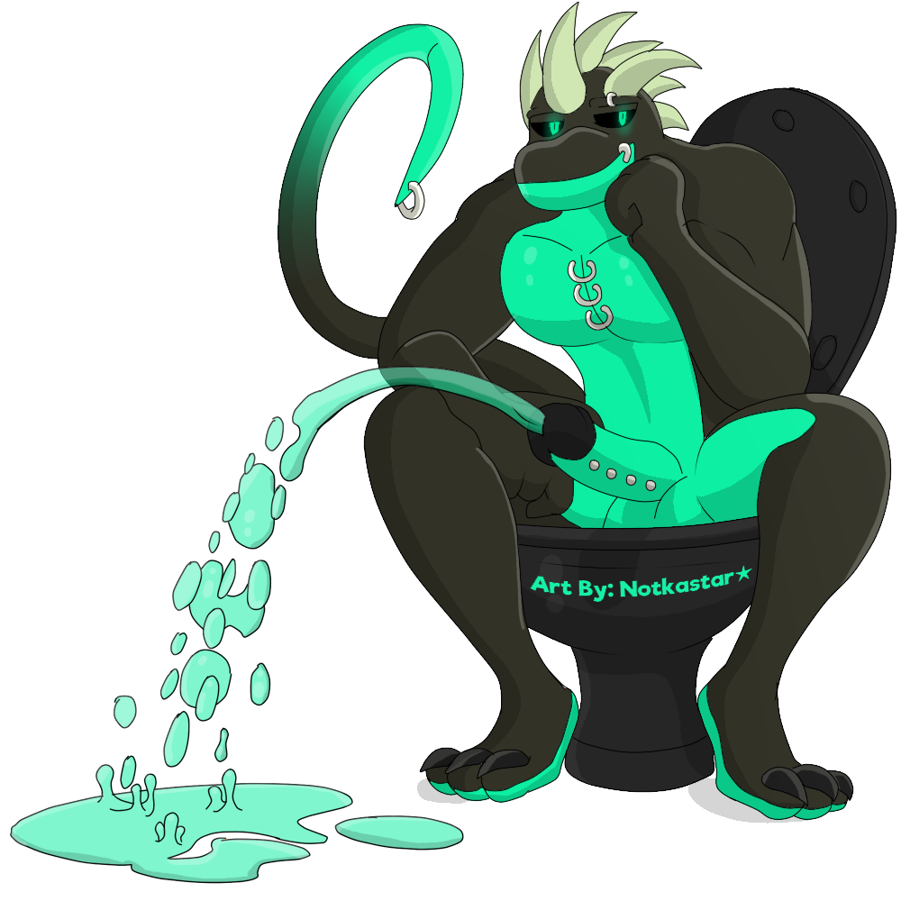 anthro balls claws dragon genitals horn jack_dragon_(character) male notkastar nude peeing penis piercing sitting solo toilet