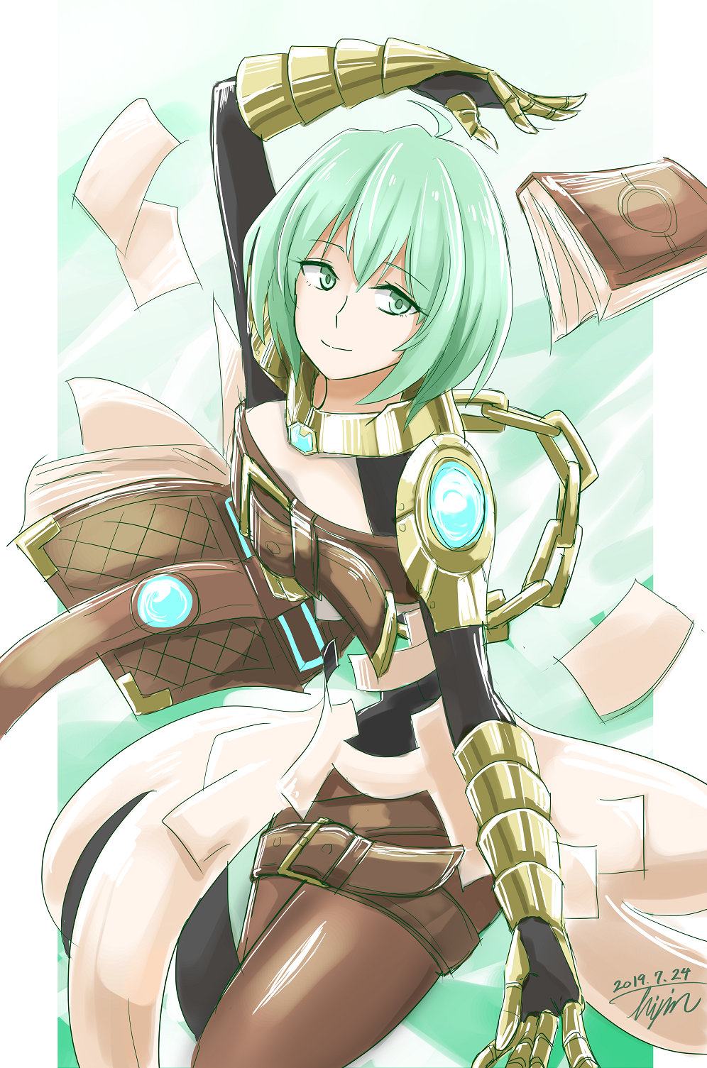 1girl adenine_(xenoblade) book brown_pants closed_mouth core_crystal_(xenoblade) dated dress gauntlets green_dress green_eyes green_hair highres hisin looking_at_viewer pants paper short_hair signature smile solo two-tone_background white_background xenoblade_chronicles_(series) xenoblade_chronicles_2