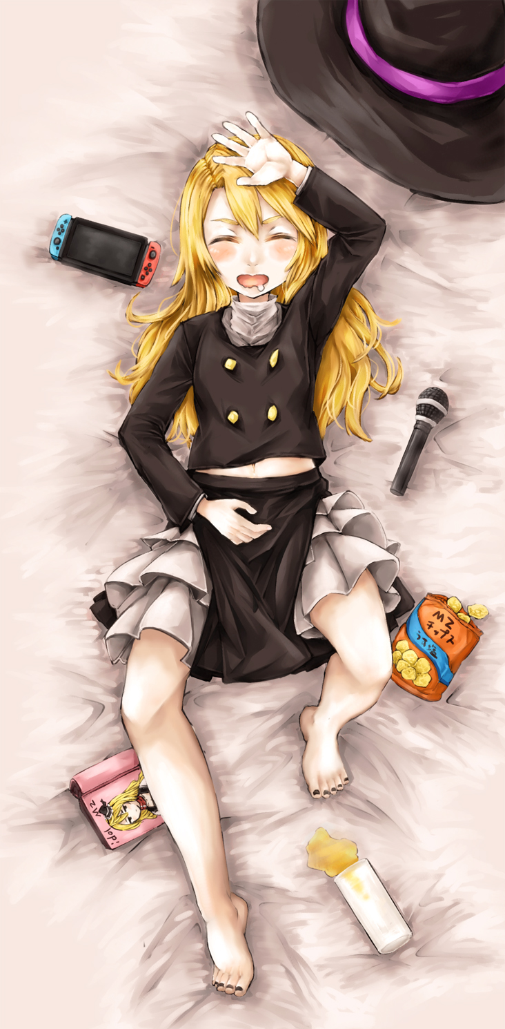 1girl bangs barefoot black_headwear black_jacket black_skirt blonde_hair blush chips closed_eyes commentary_request cookie_(touhou) cup food full_body haiperion_buzan hat highres jacket long_hair long_sleeves mars_(cookie) microphone nintendo_switch open_mouth petticoat potato_chips rei_(cookie) skirt smile solo spill touhou witch_hat