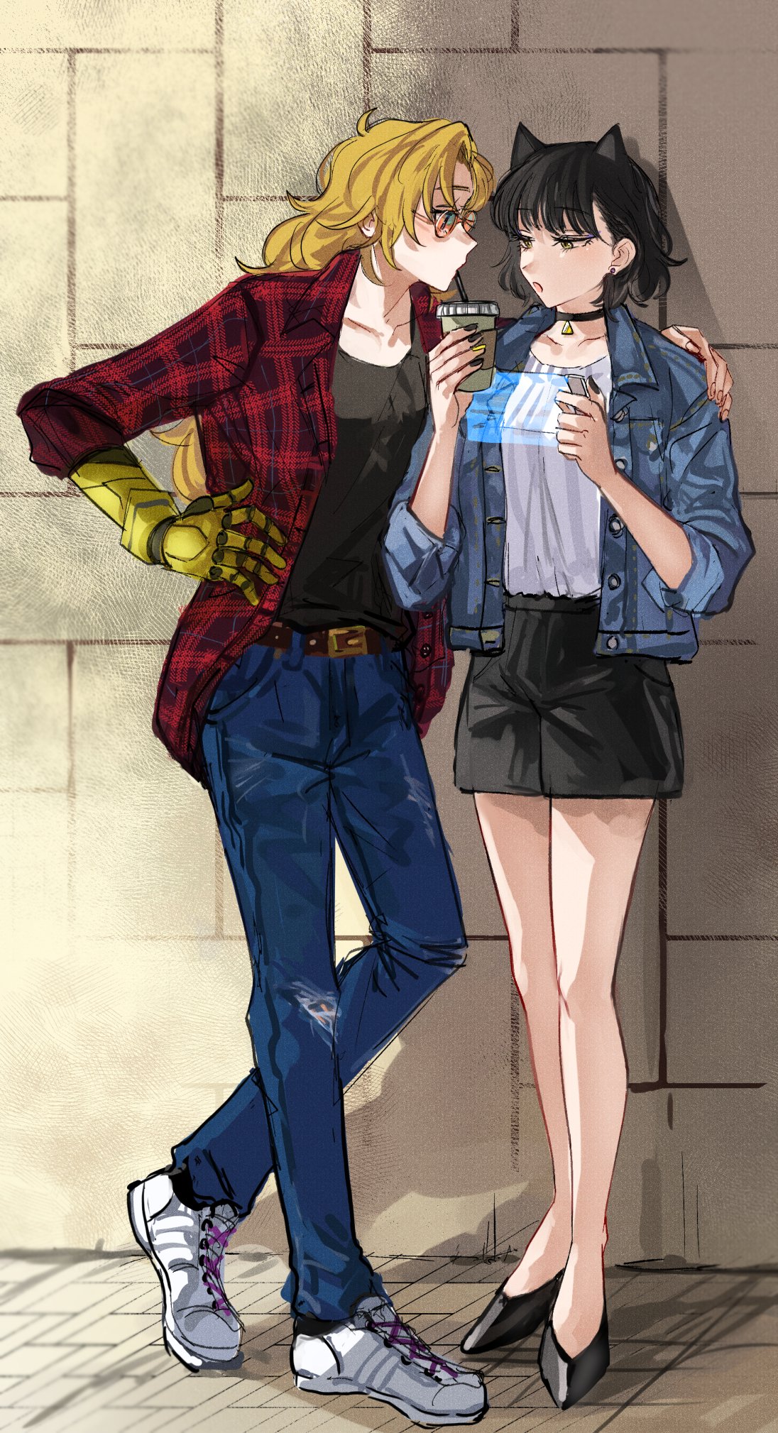 2girls animal_ears arm_around_shoulder bangs bare_legs black_choker black_footwear black_hair black_shirt black_shorts blake_belladonna blonde_hair cat_ears checkered_clothes checkered_shirt choker closed_mouth collarbone commentary_request denim denim_jacket drink drinking_straw_in_mouth earrings glasses highres holding holding_drink holding_phone jacket jeans jewelry long_hair mechanical_arms multiple_girls naizo_(kimosugimasu) outdoors pants phone profile red_shirt rwby shared_drink shirt shirt_tucked_in shoes short_hair shorts sneakers standing stud_earrings white_footwear white_shirt yang_xiao_long yuri