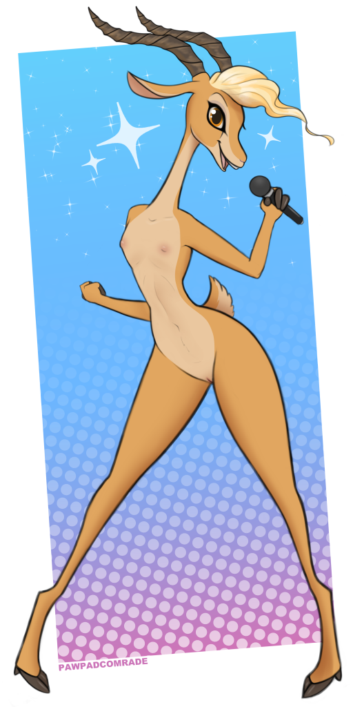 1:2 3_fingers antelope anthro blonde_hair bovid clothing conditional_dnp disney female fingers flat_chested footwear gazelle gazelle_(zootopia) genitals hair holding_microphone holding_object horn looking_at_viewer mammal microphone multicolored_body nipples nude open_mouth pawpadcomrade pussy simple_background singing slim solo standing two_tone_body zootopia
