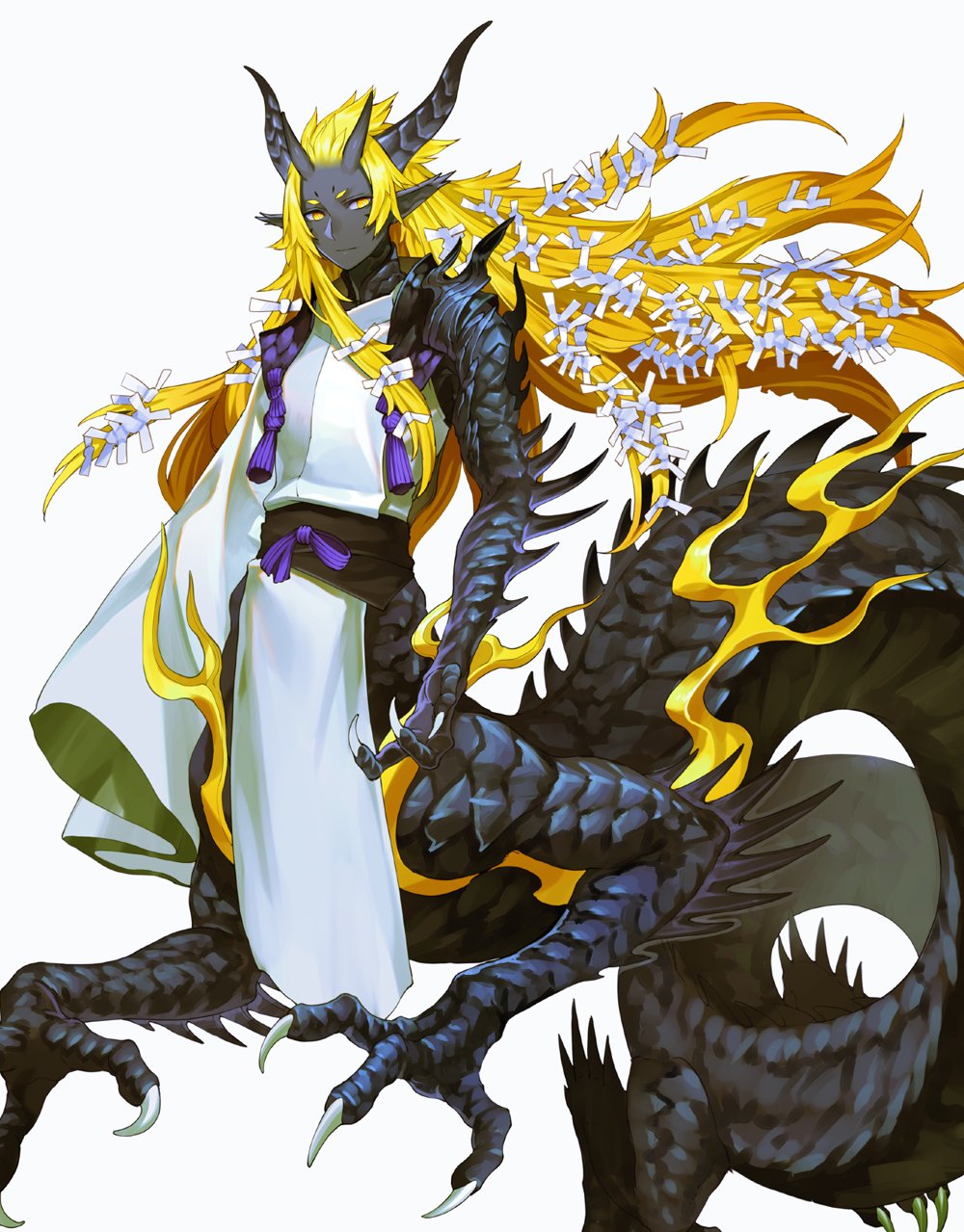 1boy black_skin blonde_hair bow claws colored_skin dragon dragon_boy dragon_horns eastern_dragon full_body hair_bow highres horns long_hair long_sleeves looking_at_viewer male_focus monster_boy multiple_horns original pointy_ears scales single_sleeve solo spines taur very_long_hair white_background wide_sleeves yellow_eyes yuzu_shio