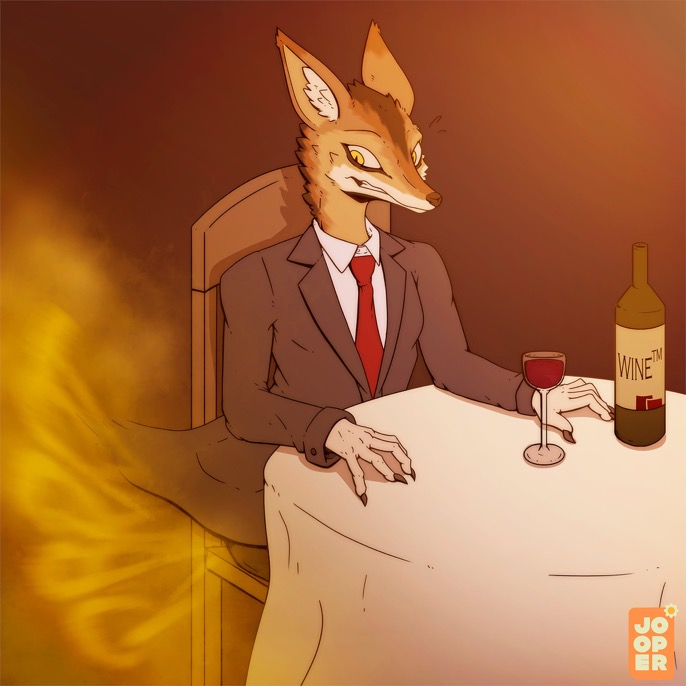 alcohol anthro beverage brown_body brown_fur canid canine canis chair clothed clothing container cup drinking_glass facial_tuft fart fart_cloud fart_fetish flatulance fur furniture gas glass glass_container glass_cup jackal jooper looking_back male mammal nails sitting solo suit surprise table tablecloth wine_bottle wine_glass
