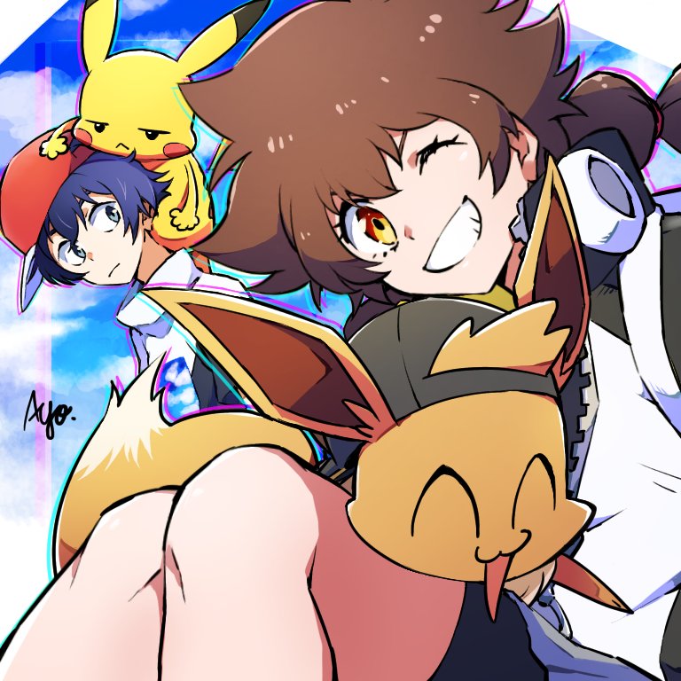 1boy 1girl :&lt; ^_^ ayo_(ayosanri009) backwards_hat bangs black_hair brown_hair closed_eyes closed_mouth cloud commentary_request day eevee eyelashes frown gotcha! gotcha!_boy_(pokemon) gotcha!_girl_(pokemon) grin hat hatted_pokemon jacket long_hair multi-tied_hair one_eye_closed outdoors pikachu pokemon pokemon_(creature) red_headwear short_hair signature sky smile teeth white_jacket zipper