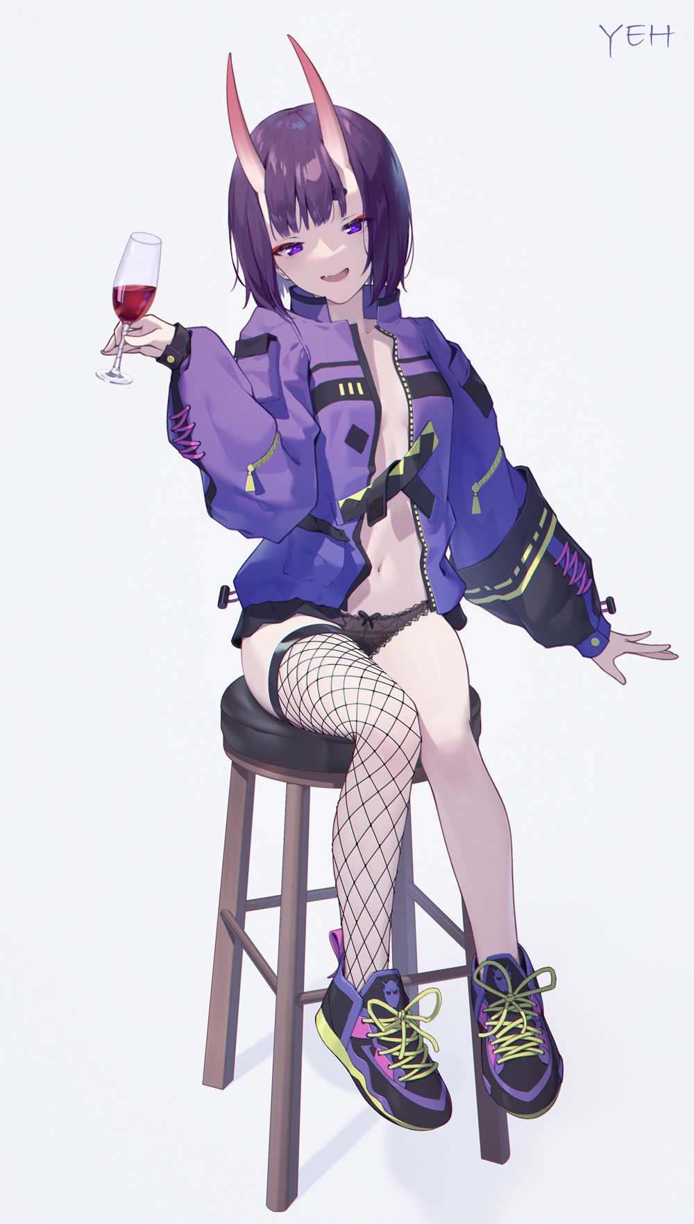 1girl alcohol bangs black_panties bob_cut breasts cup drinking_glass eyeliner fate/grand_order fate_(series) fishnet_legwear fishnets highres horns jacket long_sleeves looking_at_viewer makeup navel oni oni_horns open_clothes open_jacket open_mouth panties purple_eyes purple_footwear purple_hair purple_jacket shoes short_hair shuten_douji_(fate) single_thighhigh sitting skin-covered_horns small_breasts smile sneakers solo stool thighhighs underwear white_background wine wine_glass yeh_(354162698)