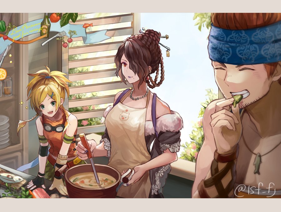 1boy 2girls apron armband black_gloves black_hair blonde_hair blue_headband braid braided_bun breasts closed_mouth cooking dress eating facial_hair final_fantasy final_fantasy_x fingerless_gloves food fork gloves green_eyes hair_ornament hair_over_one_eye hair_stick hairclip headband jewelry ladle letterboxed lipstick long_hair lulu_(ff10) makeup mole mole_under_mouth moogle multiple_girls necklace open_mouth purple_lips radish rikku sasanomesi single_fingerless_glove smile stirring stubble wakka x_hair_ornament