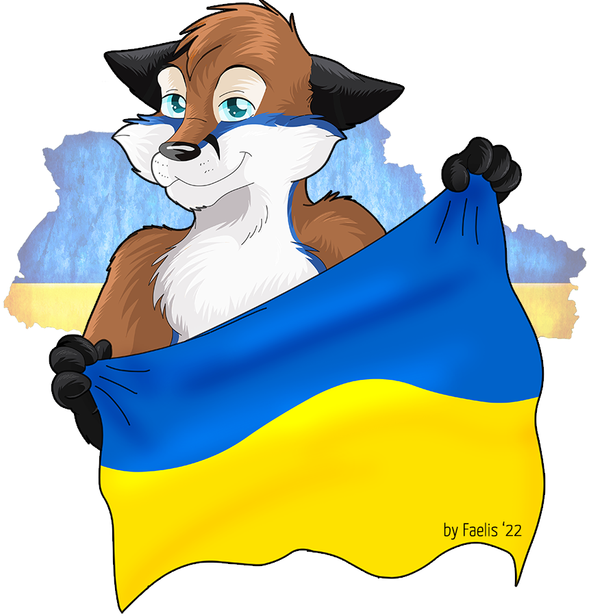 2022 alpha_channel anthro canid canine flag fox looking_at_viewer luskfoxx male mammal signature solo ukraine ukraine_flag