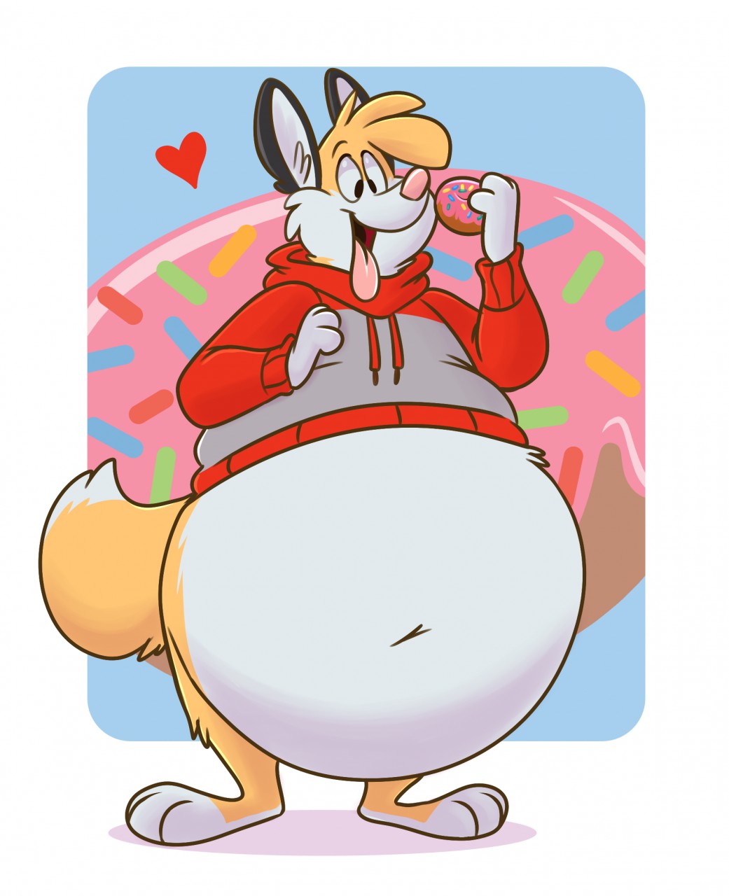 anthro belly big_belly bottom_heavy bottomless bottomless_male canid canine chubby_belly chubby_cheeks clothed clothing dessert doughnut fluffy fluffy_tail food fox fox_tail fur hi_res hoodie kitsunezero kitsunezero_(character) male mammal navel orange_body orange_fur overweight overweight_anthro overweight_male pink_nose simple_background smile solo tongue tongue_out topwear white_body white_fur wide_hips