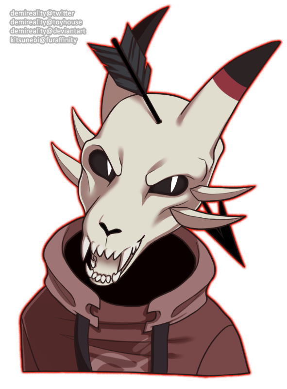 alpha_channel artist_name black_horn bone bust_portrait clothing demireality fangs front_view hoodie horn kitsunebi_(artist) looking_at_viewer male portrait red_clothing red_hoodie red_horn red_topwear simple_background skull skull_head solo topwear transparent_background white_horn