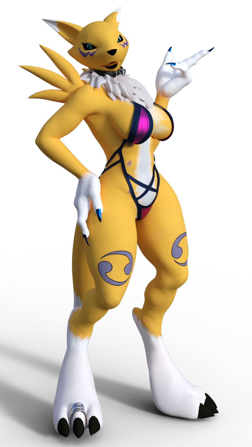 anthro bandai_namco bbdworks colored_nails digimon digimon_(species) digit_ring female hi_res humanoid jewelry monokini nails renamon ring solo toe_ring yellow_body