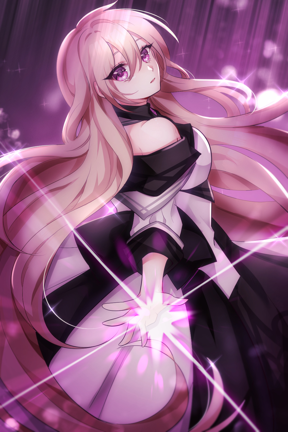 1girl bare_shoulders black_survival blonde_hair dress eternal_return:_black_survival eva_(black_survival) highres long_hair looking_at_viewer looking_to_the_side mar1neor3 open_mouth outstretched_hand pink_eyes solo tagme very_long_hair white_dress