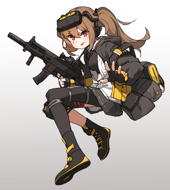 1girl amonitto black_legwear blush brown_hair commentary_request eyebrows_visible_through_hair fingerless_gloves full_body girls'_frontline gloves h&amp;k_ump9 hair_between_eyes jacket knee_pads long_hair looking_at_viewer mod3_(girls'_frontline) night_vision_device open_clothes open_jacket pantyhose parted_lips pleated_skirt red_eyes shirt single_knee_pad skirt solo twintails ump9_(girls'_frontline) white_shirt