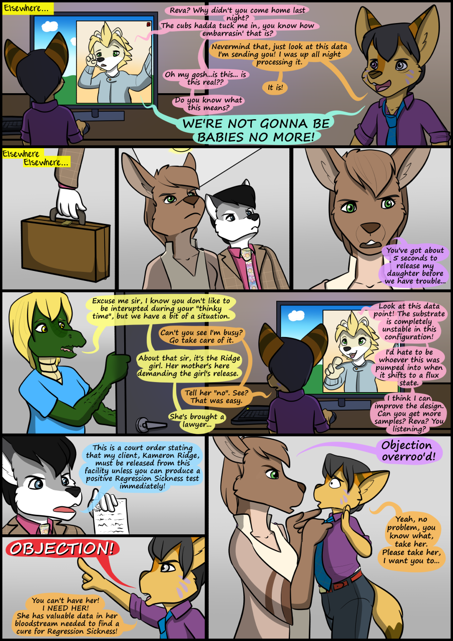 2019 anthro biped canid canine clothing collaboration comic detailed_background dialogue english_text female fennec fox fur group hair hi_res kammypup_(artist) kangaroo macropod male mammal marsupial runt_(artist) shirt speech_bubble standing text topwear young