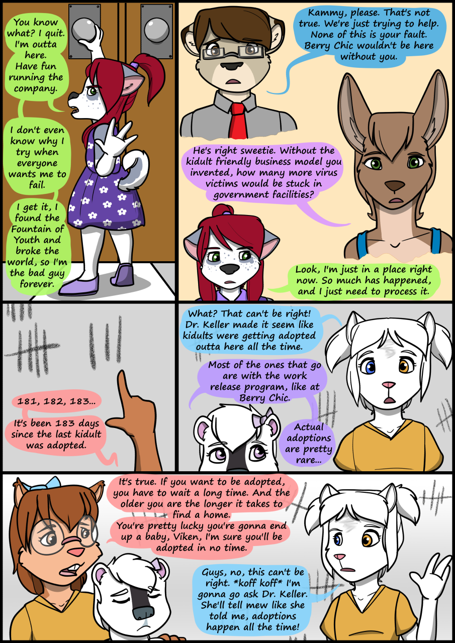 2020 anthro biped clothing collaboration comic detailed_background dialogue english_text eyes_closed eyewear female fur glasses group hair hi_res kammypup kammypup_(artist) kangaroo macropod male mammal marsupial runt_(artist) shirt speech_bubble standing text topwear young