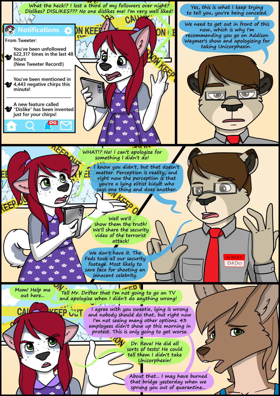 2020 anthro biped clothing collaboration comic detailed_background dialogue english_text female fur group hair hi_res kammypup kammypup_(artist) kangaroo macropod male mammal marsupial necktie runt_(artist) shirt speech_bubble standing text topwear trio young