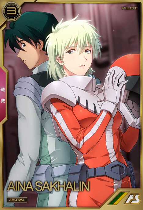 1boy 1girl aina_saharin alkham bangs blue_eyes blue_hair breasts character_name eyebrows_visible_through_hair green_hair gundam gundam_08th_ms_team gundam_arsenal_base hair_behind_ear headwear_removed helmet helmet_removed holding holding_helmet medium_breasts official_art parted_lips pilot_suit shiro_amada short_hair zeon