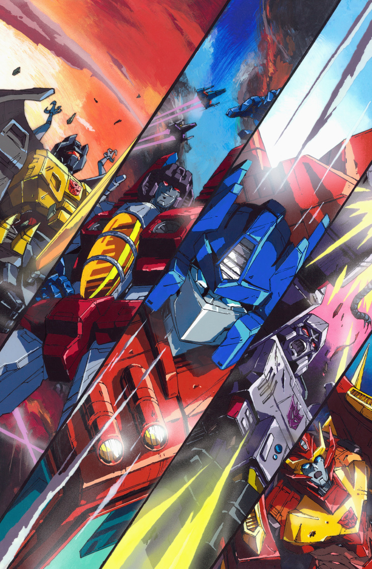 1980s_(style) 5boys aircraft airplane autobot blue_eyes comic_cover cover_image decepticon english_commentary flying grimlock looking_at_viewer marble-v mecha megatron mixed-language_commentary multiple_boys no_humans official_art open_mouth optimus_prime pink_eyes retro_artstyle rodimus science_fiction skywarp starscream surprised textless the_transformers_(idw) thundercracker transformers v-fin visor