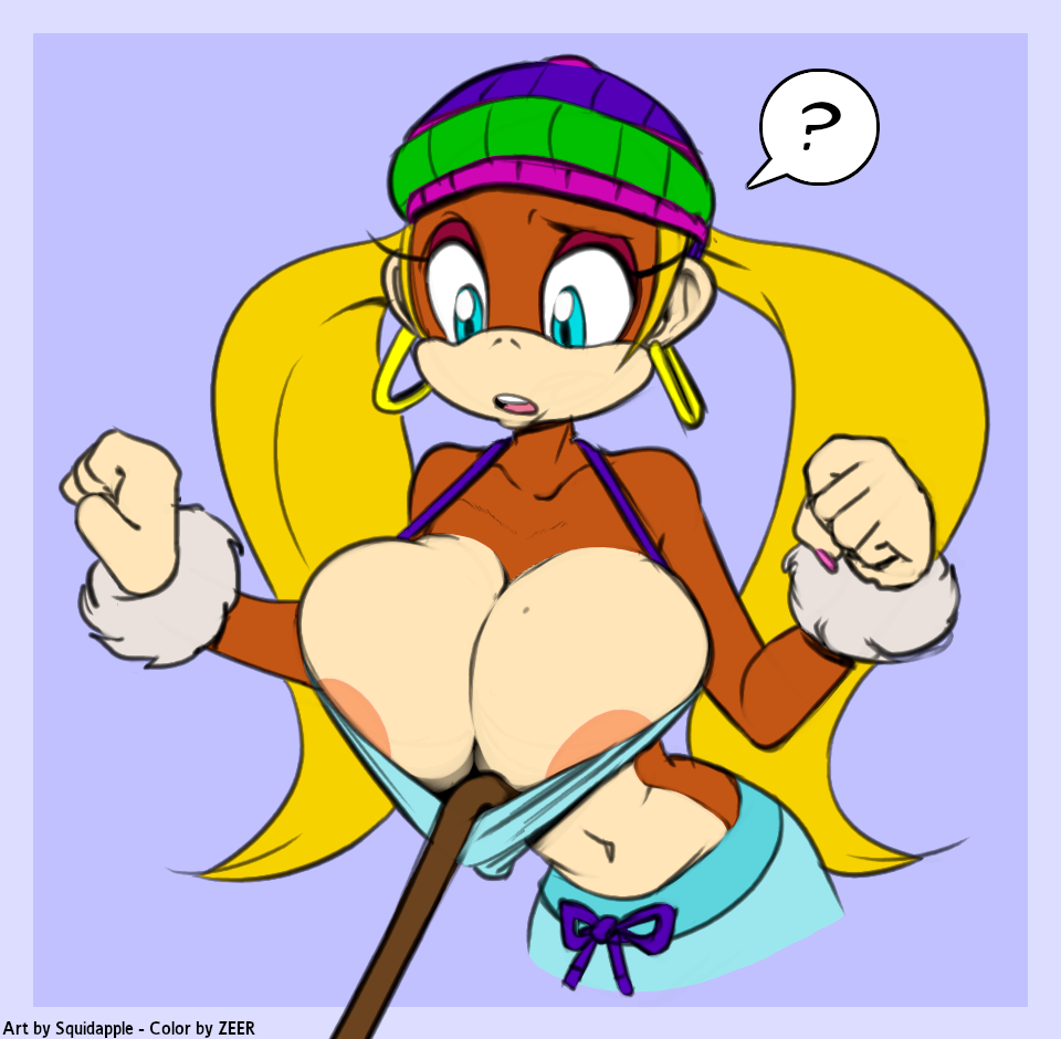anthro areola areola_slip beanie beanie_hat big_breasts bottomwear breasts cane clothed clothing color_edit colored colored_nails confusion crop_top donkey_kong_(series) ear_piercing ear_ring edit female female_focus fur hair haplorhine hat headgear headwear huge_breasts kong looking_down mammal markings midriff mole_(marking) monkey nails navel nintendo open_mouth pants piercing pigtails primate question_mark shirt simple_background solo solo_focus speech_bubble squidapple sweatpants tiny_kong topwear unseen_character video_games zeer