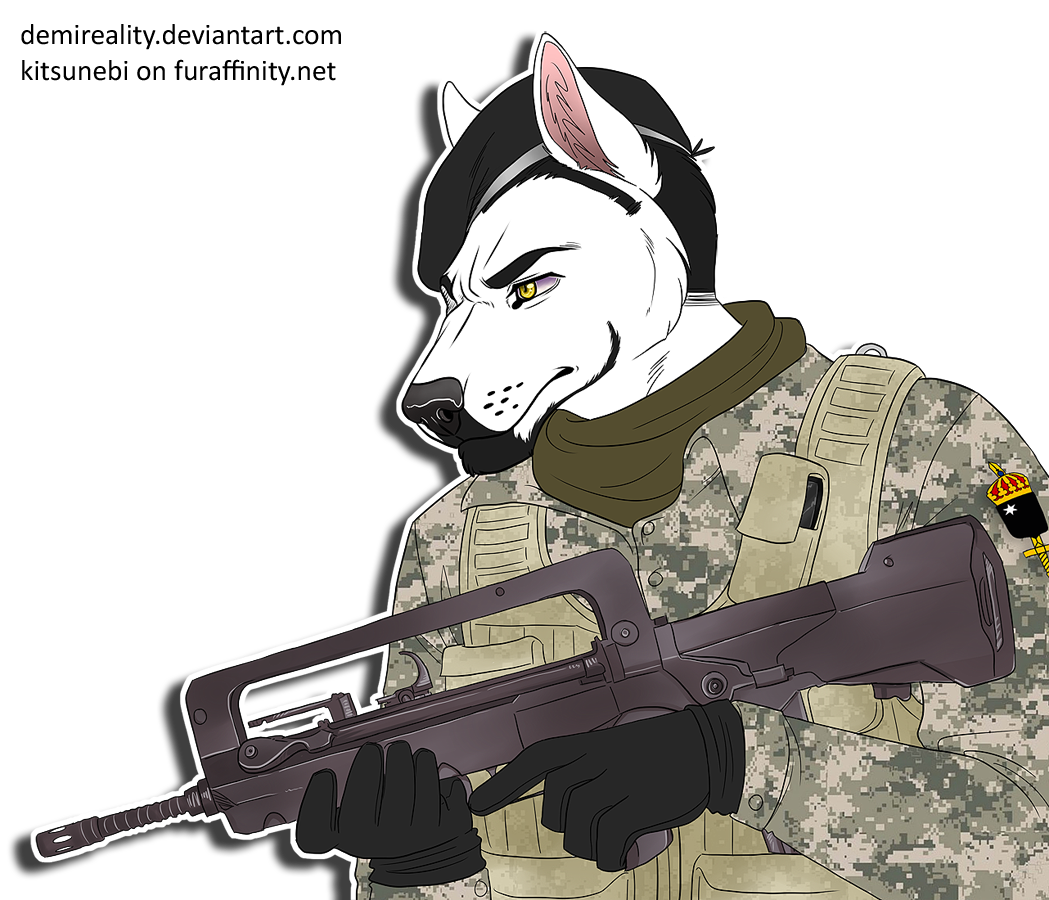 alpha_channel anthro assault_rifle black_body black_clothing black_fur black_gloves black_hair black_handwear black_nose canid canine canis cheek_tuft clothing demireality domestic_dog facial_tuft famas front_view fur glistening glistening_eyes glistening_nose gloves green_clothing green_topwear gun hair handwear holding_gun holding_object holding_weapon kitsunebi_(artist) male mammal pink_inner_ear ranged_weapon rifle simple_background solo topwear transparent_background tuft weapon white_body white_ears white_fur yellow_eyes