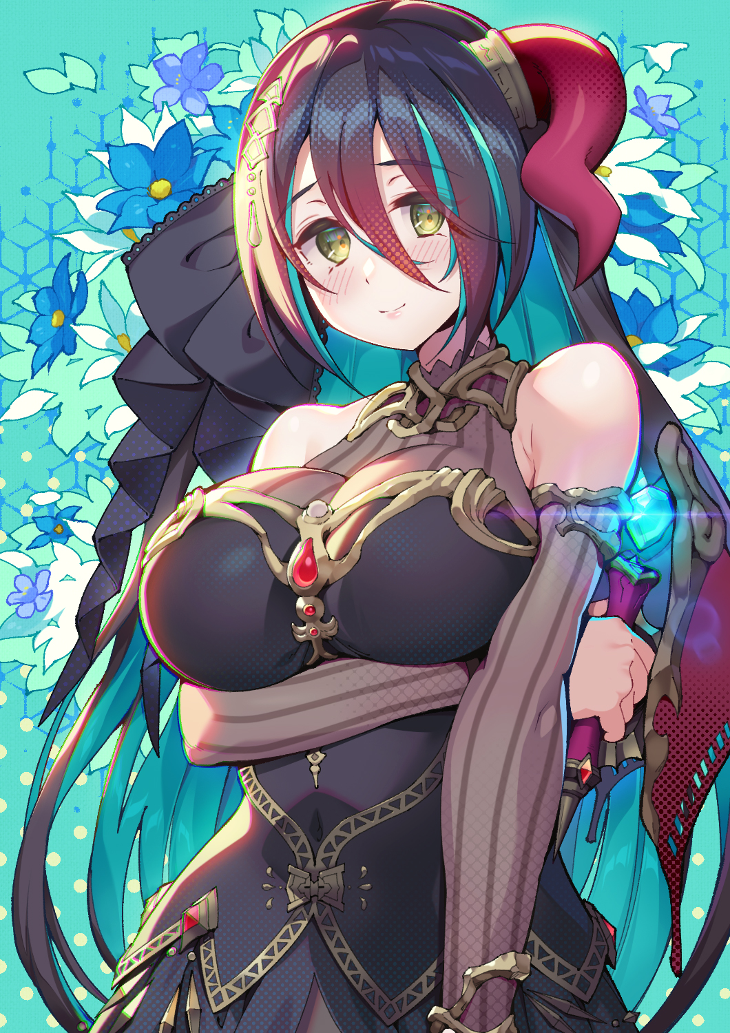 1girl artist_request bangs bare_shoulders black_hair breasts detached_sleeves floral_background flower green_eyes green_hair hair_between_eyes highres horns large_breasts long_hair looking_at_viewer multicolored_hair princess_connect! ranpha_(princess_connect!) single_horn solo streaked_hair two-tone_hair very_long_hair