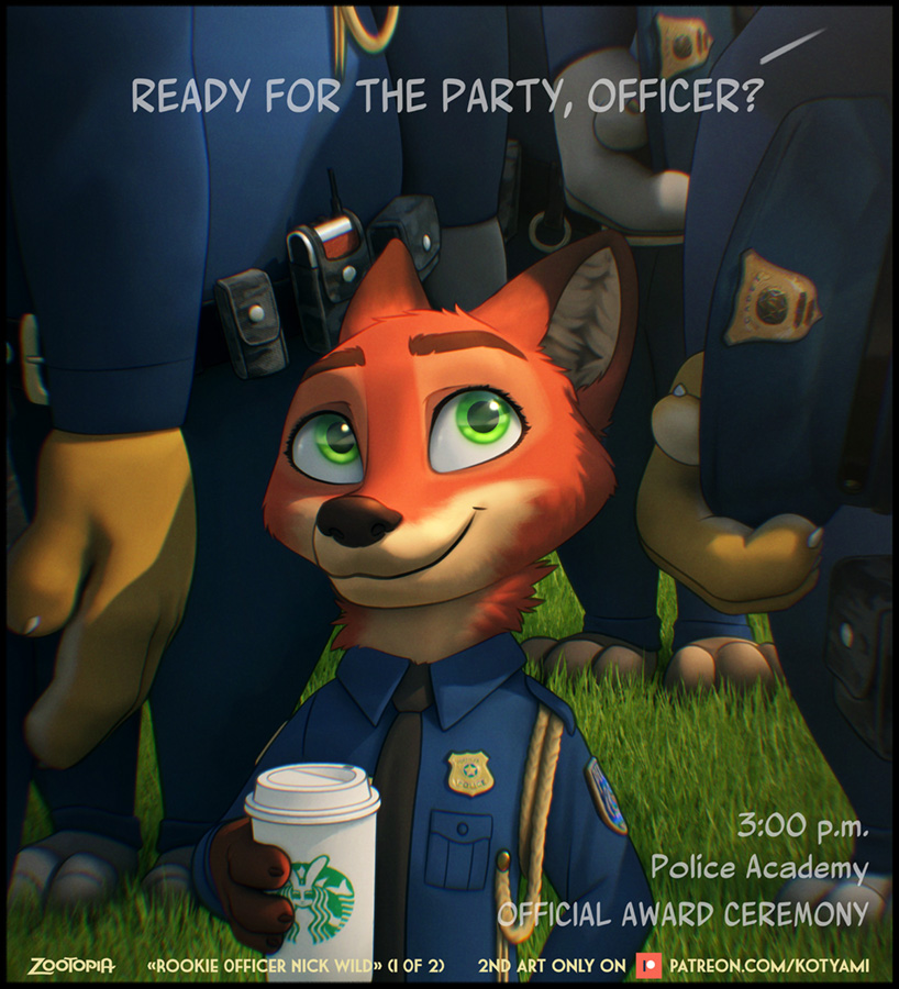 2022 anthro black_border border bottomwear canid canine claws clothed clothing dialogue digital_media_(artwork) disney english_text feet felid fingers fox fur glistening glistening_eyes grass green_eyes group hat headgear headwear holding_object kotyami lawn looking_at_another male male/male mammal necktie nick_wilde officer orange_body orange_fur outside pantherine pants paws plant police police_badge police_cap police_hat police_officer police_uniform shirt size_difference smaller_male smile starbucks text tiger topwear uniform url wide_eyed zootopia