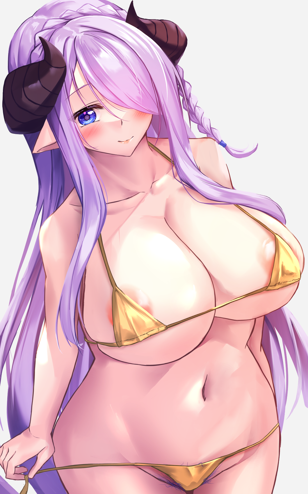 areolae bikini blue_eyes blush braid breasts crown_braid draph female_pubic_hair gold_bikini granblue_fantasy hair_over_one_eye highres horns huge_breasts long_hair micro_bikini narmaya_(granblue_fantasy) pointy_ears potassium_oh pubic_hair pubic_hair_peek purple_hair side_braid smile swimsuit untied untied_bikini untying upper_body very_long_hair wide_hips