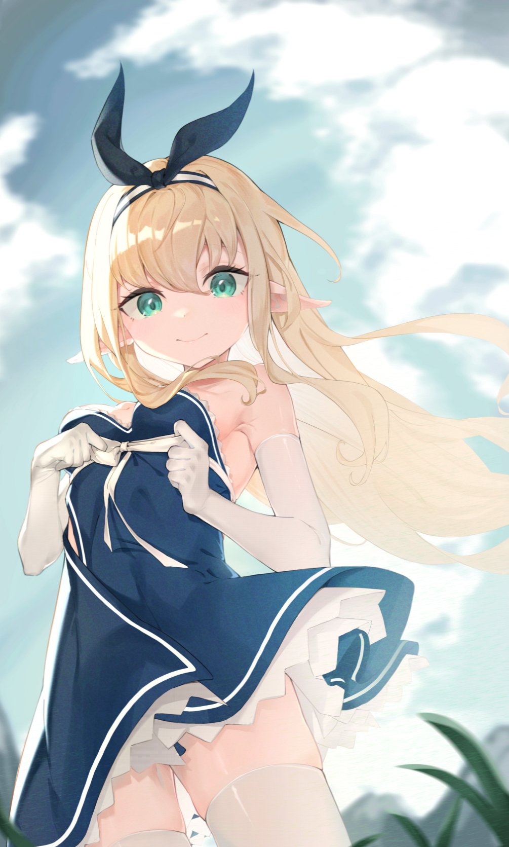 1girl armpits bangs bare_shoulders black_ribbon blonde_hair blue_dress copyright_request dress elbow_gloves gloves green_eyes hair_ribbon highres long_hair looking_at_viewer mishuo_(misuo69421) pointy_ears ribbon sky smile solo strapless strapless_dress thighhighs white_gloves white_legwear