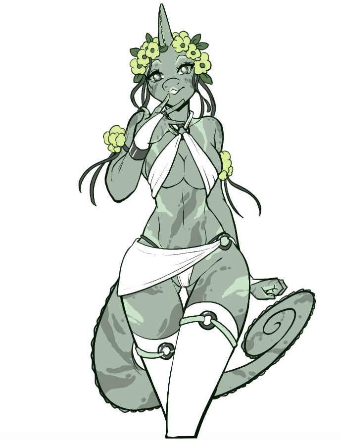 anthro breasts chameleon clothed clothing curled_tail digital_media_(artwork) female fin flower flower_crown head_fin legwear lizard looking_at_viewer monochrome nubia_jumoke plant redrabbu reptile scalie simple_background skimpy solo spread_fingers standing thigh_highs white_background