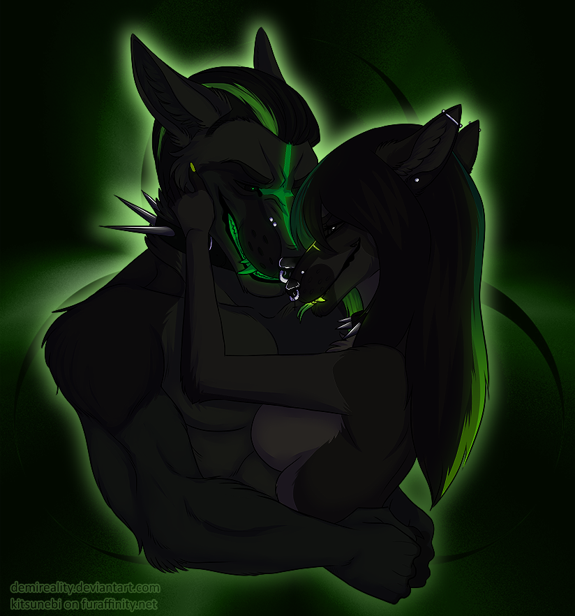 anthro black_body black_collar black_ears black_fur black_hair black_inner_ear_fluff black_nose breasts collar demireality duo facial_piercing fangs featureless_breasts female fur glistening glistening_nose green_hair green_teeth green_tongue grey_body grey_fur hair inner_ear_fluff kitsunebi_(artist) male male/female nose_piercing nose_ring piercing spiked_collar spikes text tongue tongue_out tuft url