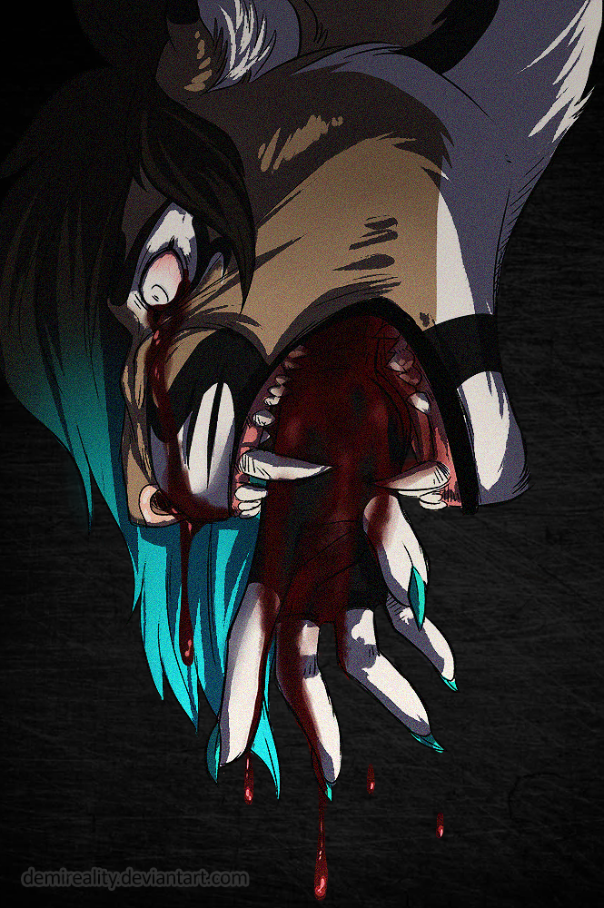 abstract_background big_fangs black_body black_ears black_fur black_hair blood blood_drip blood_from_eye blood_on_hand blue_fingernails blue_hair bodily_fluids brown_body brown_ears brown_fur demireality duo fingernails fur gore hair hand_in_mouth inner_ear_fluff kitsunebi_(artist) male multicolored_hair nails open_mouth pink_nose text tuft two_tone_hair upside_down url white_body white_fur white_inner_ear_fluff