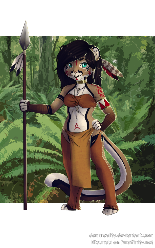 anthro biped black_body black_ears black_eyebrows black_fur black_hair black_tail blue_eyes brown_body brown_fur brown_tail demireality dipstick_ears eyebrows female fern front_view fur glistening glistening_eyes hair hand_on_hip holding_object holding_spear holding_weapon kitsunebi_(artist) looking_at_viewer melee_weapon multicolored_ears navel outside pink_nose plant plantigrade polearm red_body red_fur smile solo spear standing striped_arms striped_body striped_fur stripes tan_body tan_ears tan_fur teeth tree weapon white_body white_fur white_tail
