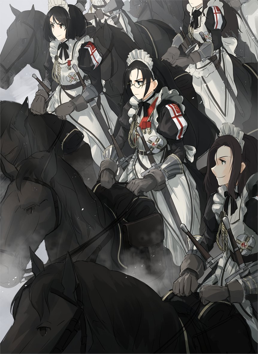 6+girls apron asterisk_kome black_hair bow bowtie brown_hair cavalry commentary_request glasses gloves holding holding_reins holstered_weapon horse horseback_riding long_hair maid maid_apron maid_headdress multiple_girls original reins riding saddle scabbard sheath short_hair sword weapon