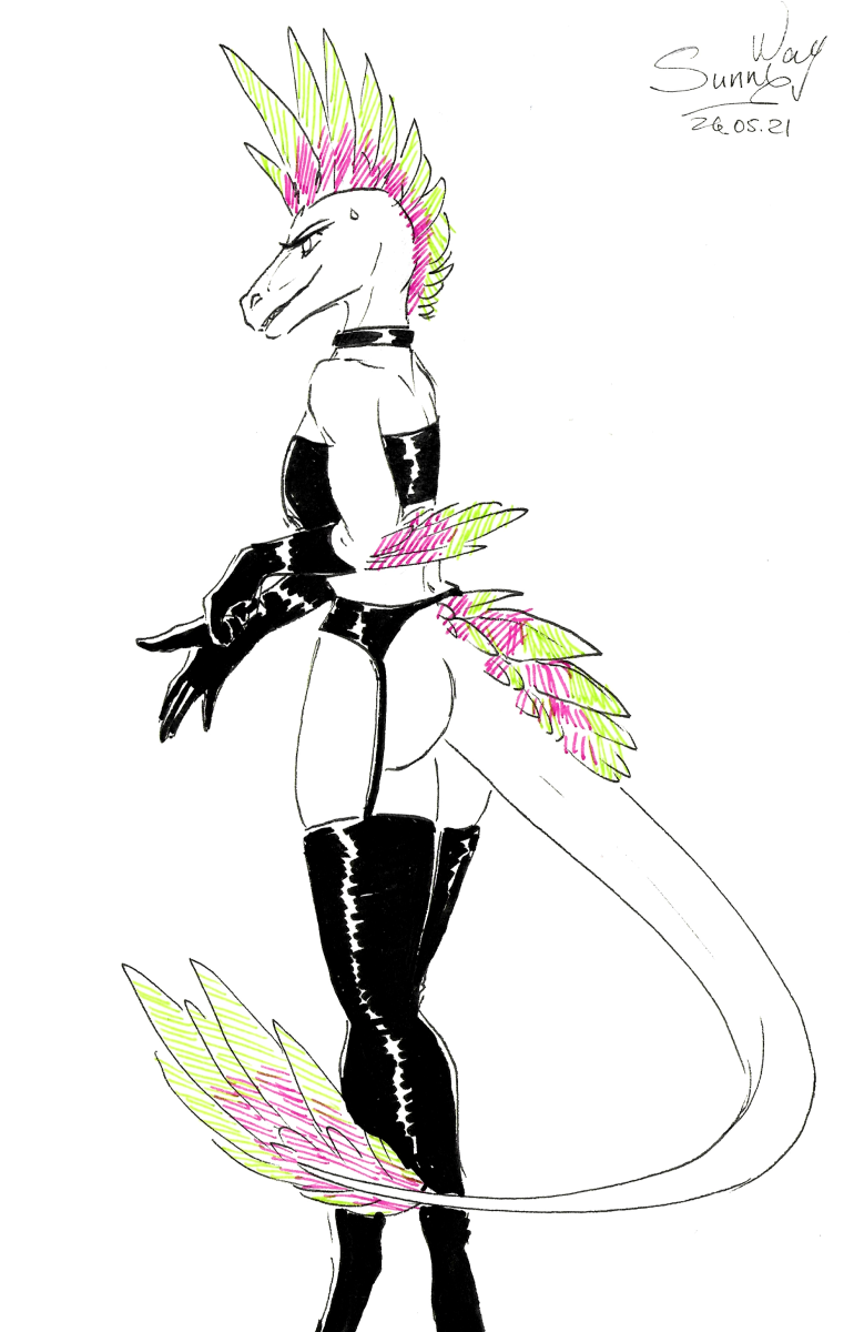 accessory anthro bodice butt clothing collar corsage costume cute_eyes dinosaur dromaeosaurid feathers female garter gloves glowing handwear hi_res kamia latex legwear rear_view reptile scales scalie scaly_tail sketch smile solo solo_focus stockings sunny_way tail theropod traditional_media_(artwork)