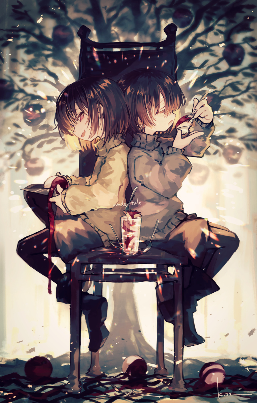2others apple apple_bunny apple_peel apple_slice apple_tree bangs blue_sweater bob_cut brown_hair brown_legwear brown_shorts chair chara_(undertale) closed_eyes commentary_request cup dappled_sunlight drinking_glass eating fang food food_art fork frisk_(undertale) fruit green_sweater highres holding holding_food holding_fork holding_fruit holding_knife holding_utensil kasuga_haruhi knife long_sleeves multiple_others open_mouth pantyhose peeling red_eyes short_hair shorts sidelocks smile sunlight sweater tree undertale