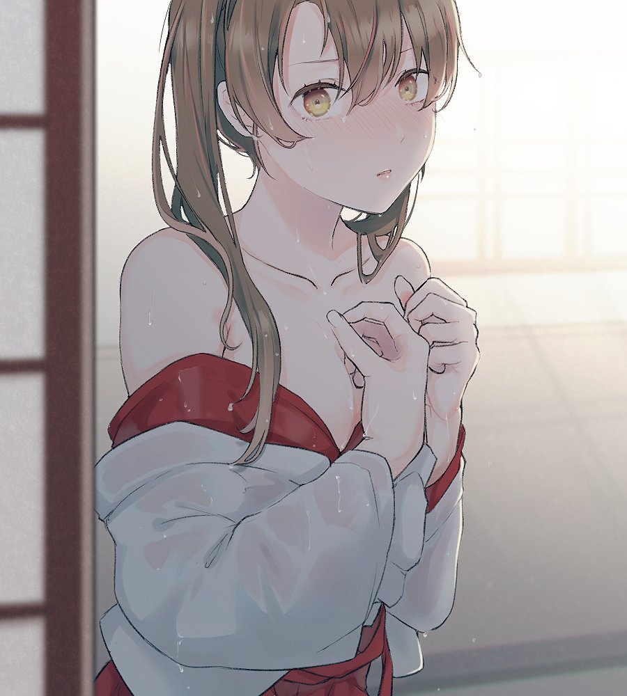 1girl brown_eyes brown_hair commentary_request kantai_collection kouga_(mutsumi) looking_at_viewer off-shoulder_kimono solo twintails upper_body wet wet_clothes zuikaku_(kancolle)